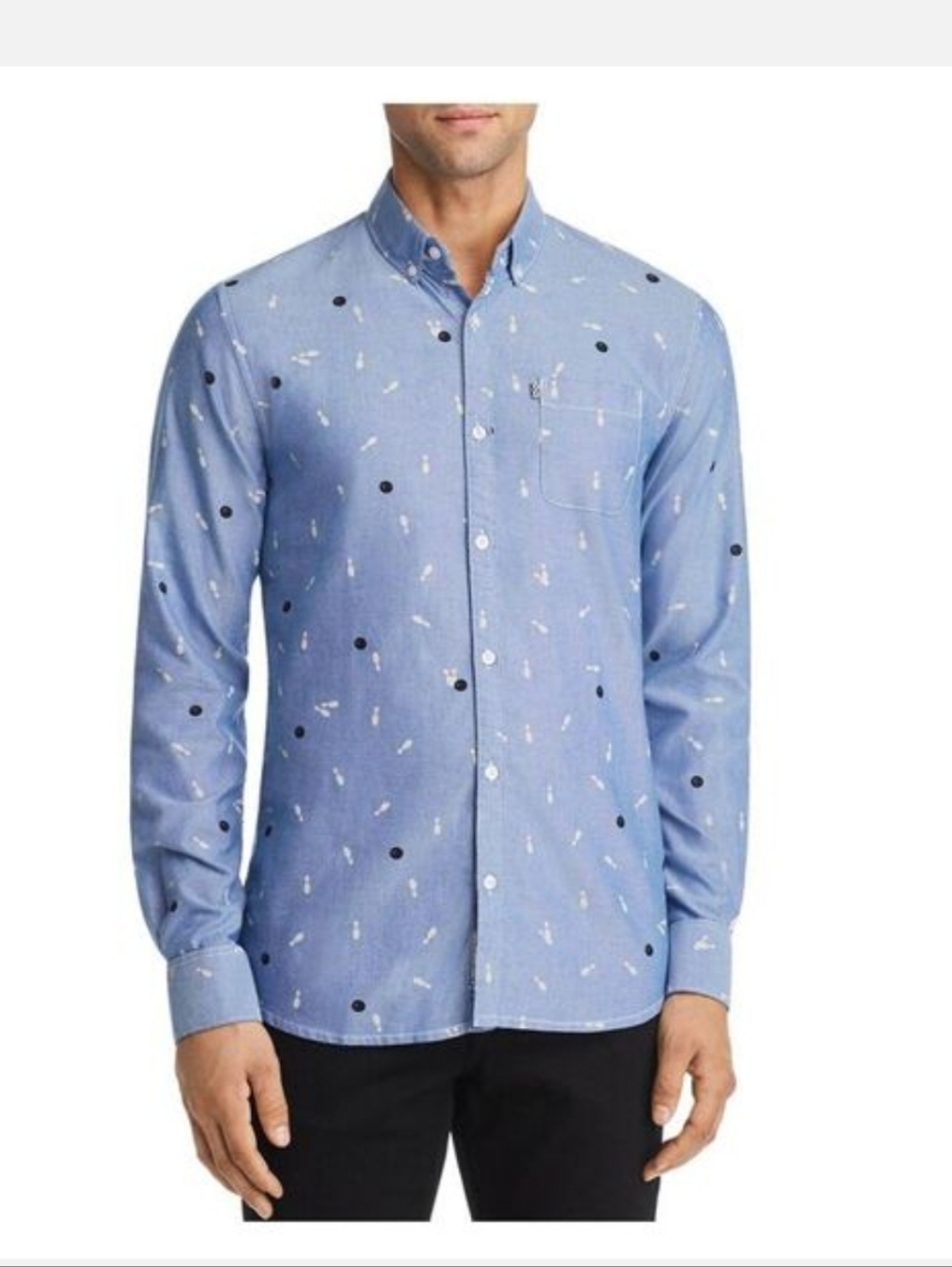 Noize Amstrdm Men's 100% Cotton Blue Bowling Print Button Down Shirt XXLARGE